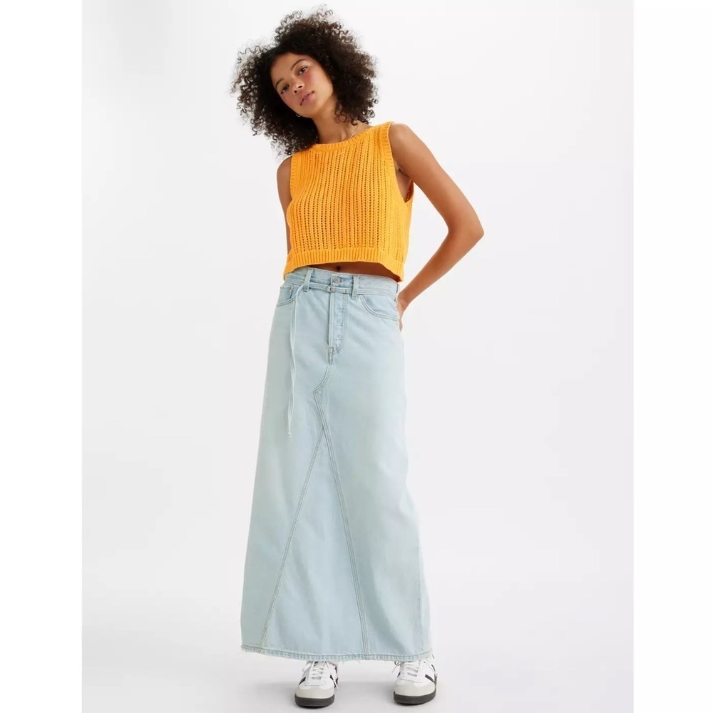 Levi’s Iconic Long Skirt Light Indigo Blue Denim Waist Tie - Picture 13 of 13